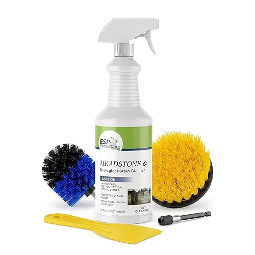 ESP Stone Care Headstone Cleaner Kit for Grave Cleaning - 1 Quart Spray Solution - Includes Drill Brushes - Ideal for Cleaning Headstones, Tombstones