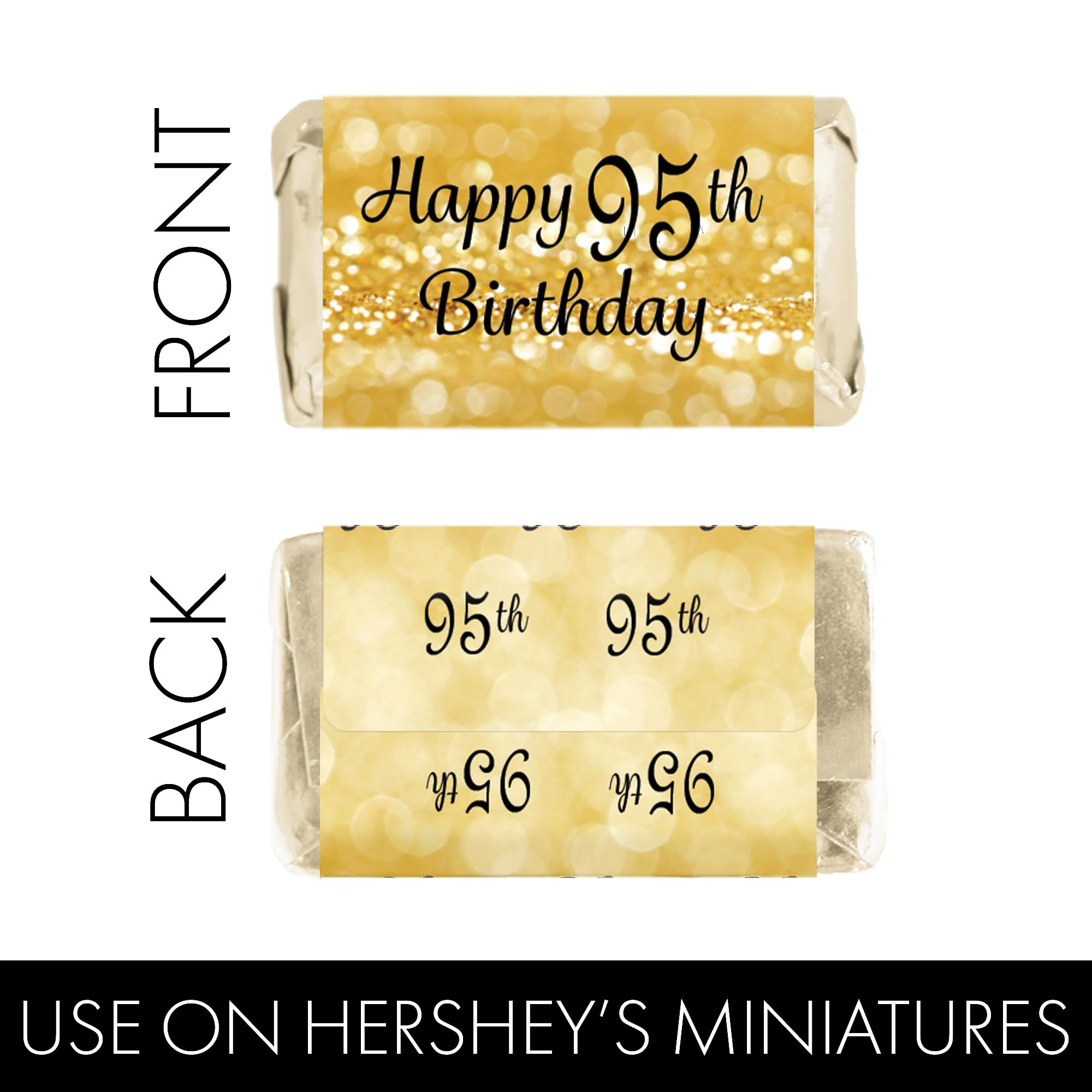 DISTINCTIVS Black and Gold 95th Birthday Mini Candy Bar Wrappers - 42 Stickers, 95th Birthday Decorations
