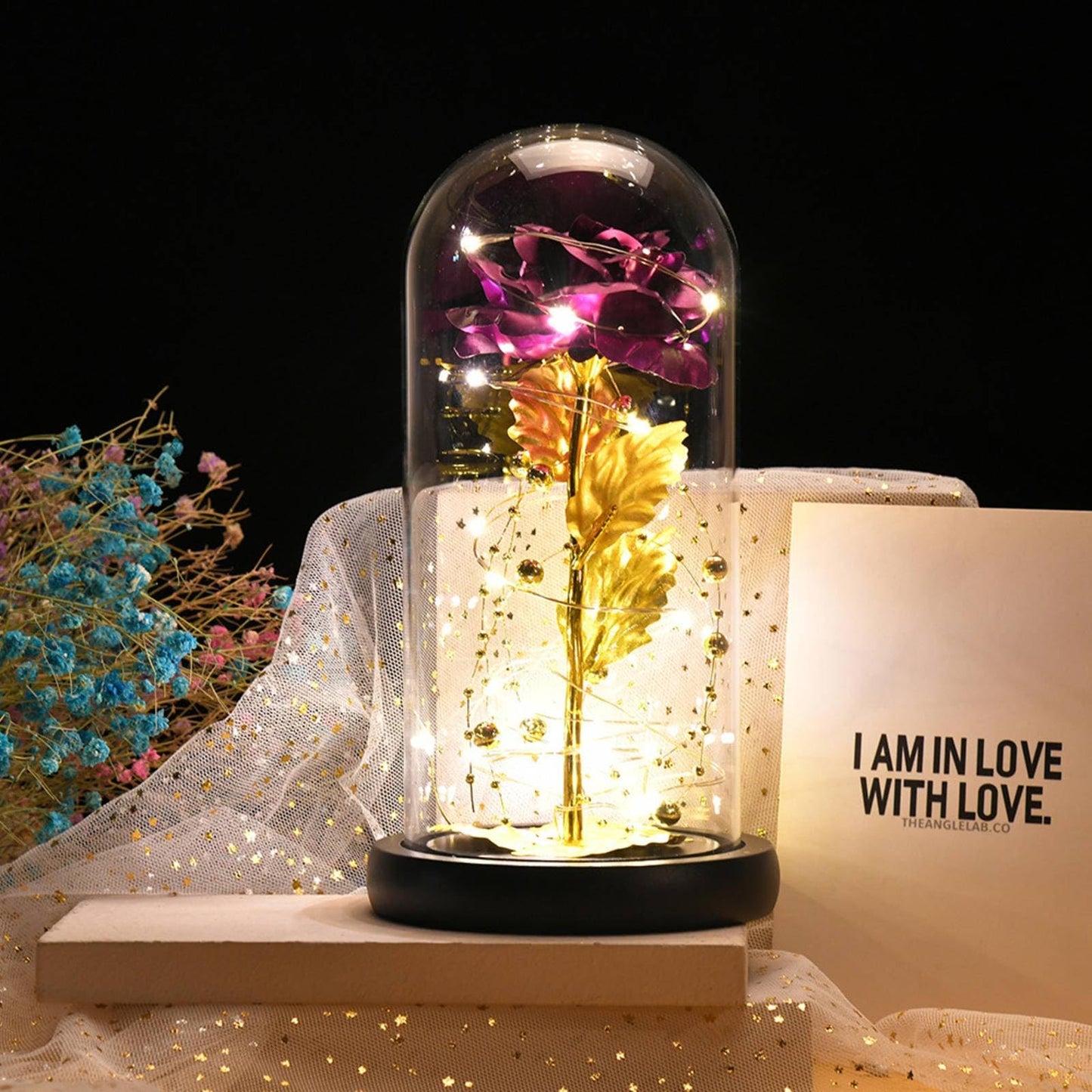 OPeque Fashion Simple Gold foil Flower Plastic Cover Creative Table Decoration Handmade Gift Rose Glass Cover