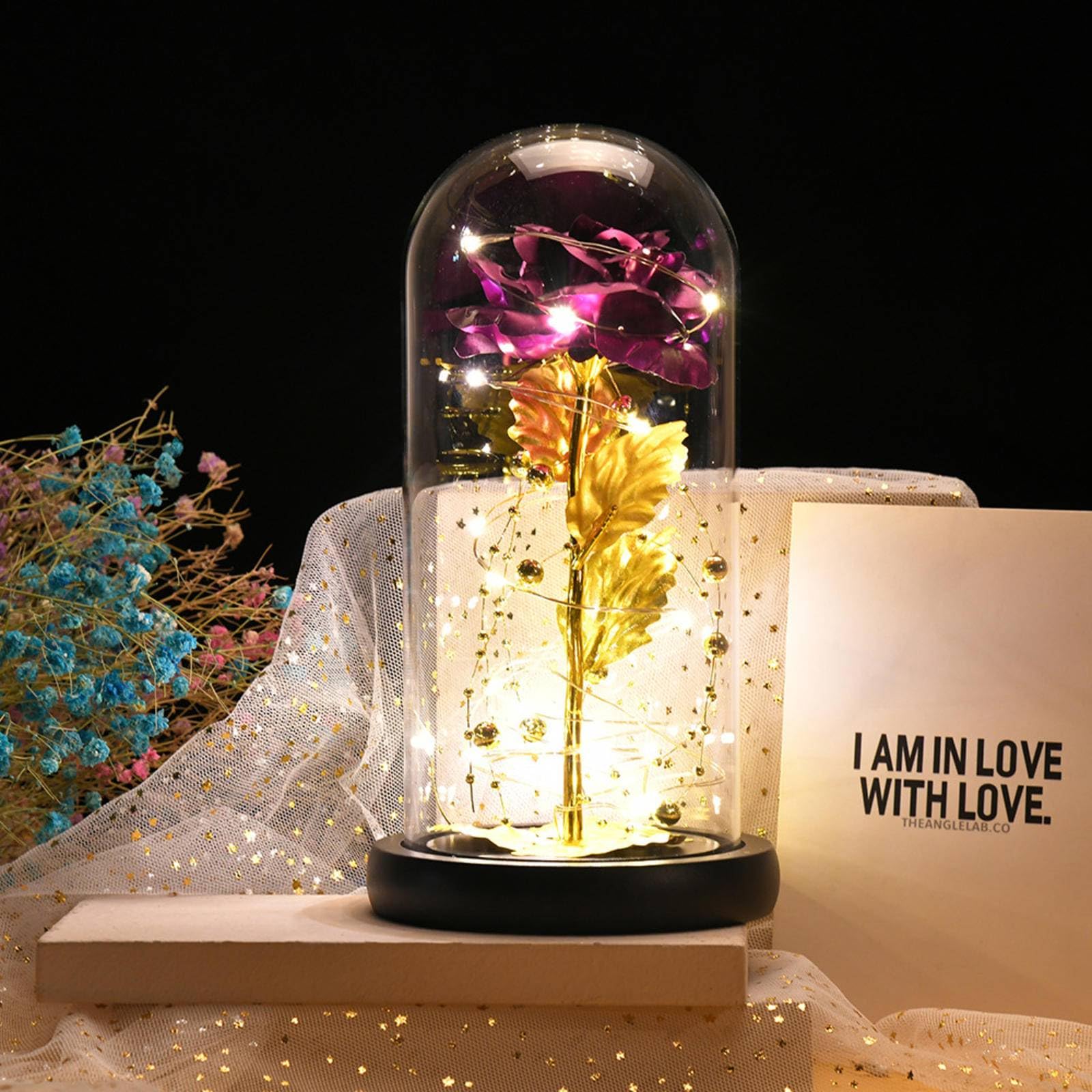 OPeque Fashion Simple Gold foil Flower Plastic Cover Creative Table Decoration Handmade Gift Rose Glass Cover