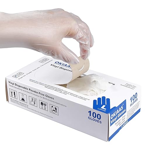 OKIAAS Disposable Gloves L, Food Safe| Latex-Free and Powder-Free Clear Vinyl Gloves for Cooking, Food Prep, Household Cleaning | Medium,100