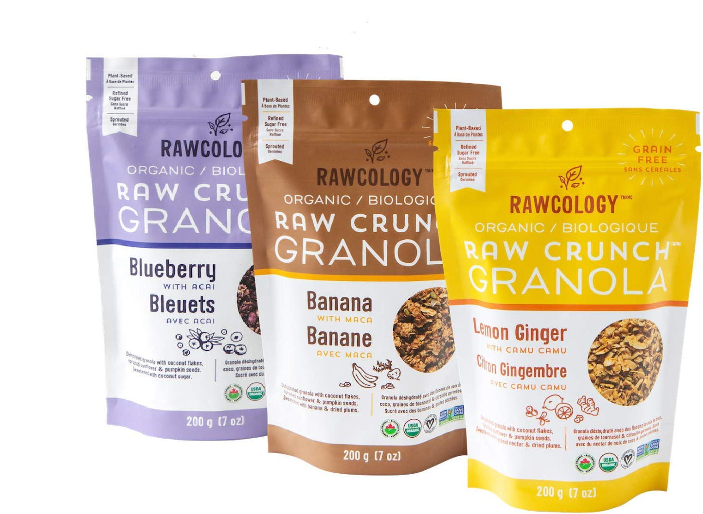 Rawcology Organic, Keto, Grain Free Raw Crunch Granola Variety Pack - Banana, Blueberry, Lemon Ginger 3 x 200 Gram Pack