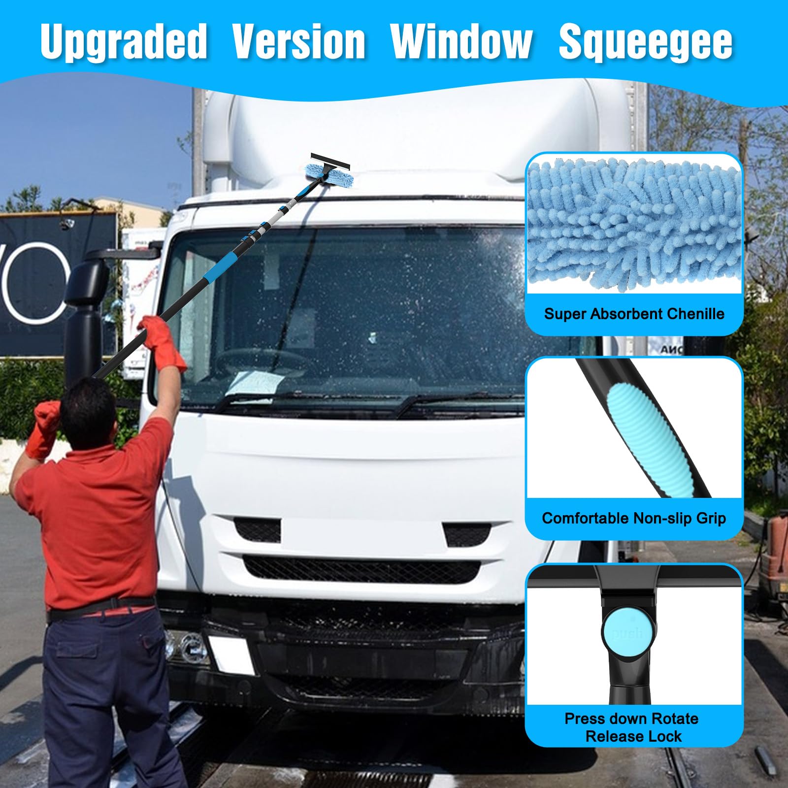 25FT Reach Window Squeegee Kit with Extension Pole, 2-in-1 Professional Washer for High Windows, 5-20FT Adjustable Reach, Rotatable Head for Indoor