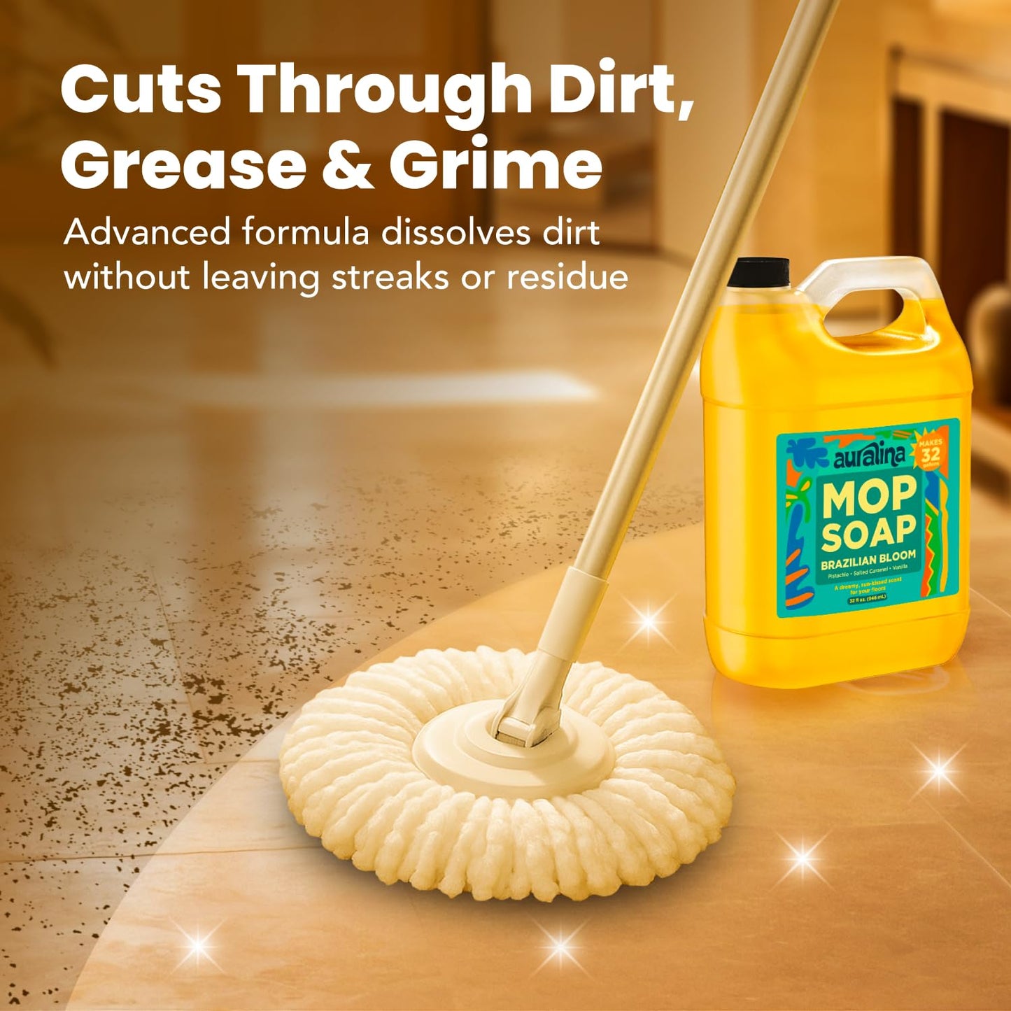Auralina Mop Soap Luxury Highly Scented Brazilian Waves Concentrated Formula - Best Smelling Floor Cleaner for Mopping Hardwood, Tile, Wood & Laminate