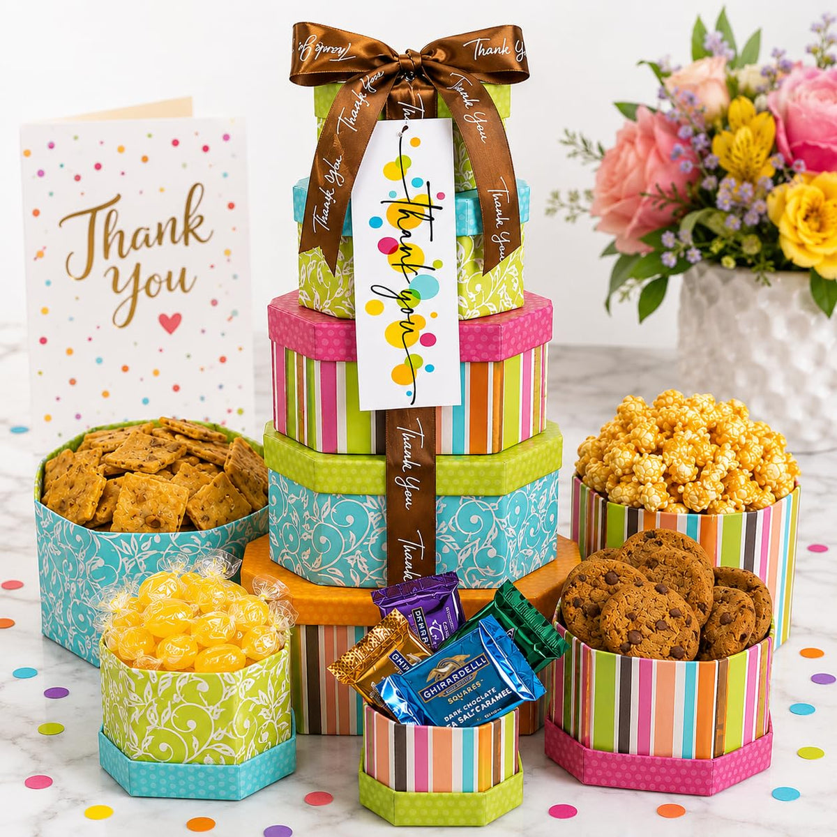 Alder Creek Gift Baskets Thank You Treats Gift Tower with Popcorn, Cookies, and Candy