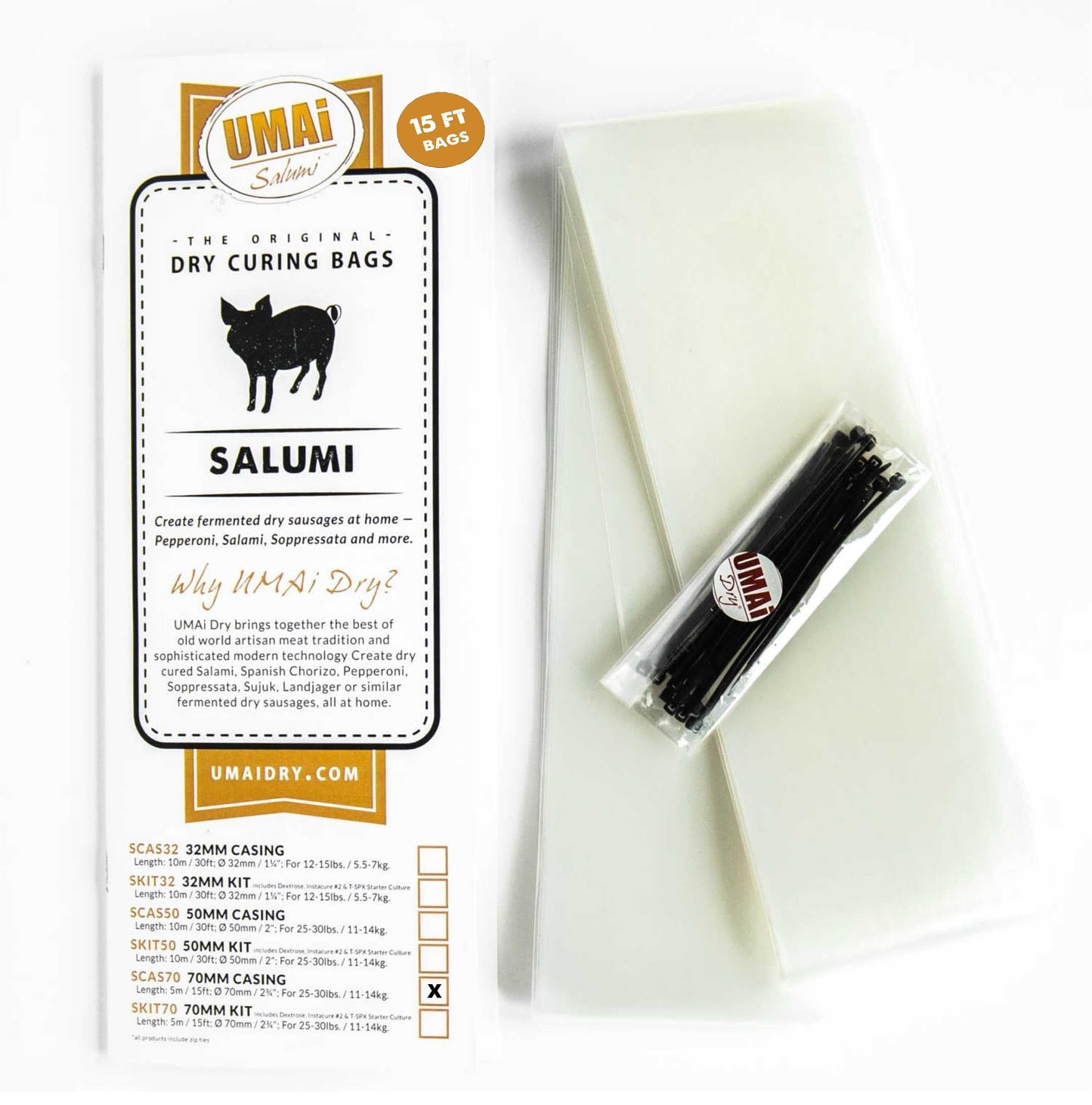 UMAi Dry 70mm Dry Sausage Casings (15 ft) - Make Homemade Salami, Pepperoni & Dry-Cured Sausage, Makes 25-30 lbs of Meat