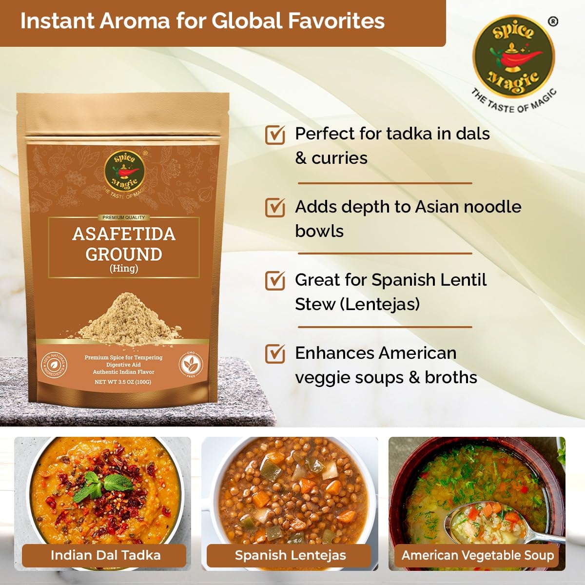 Spice Magic Asafetida Ground (Hing) ~ 100% Pure, Aromatic & Natural I Non-GMO I Indian Origin 3.5oz (100g)