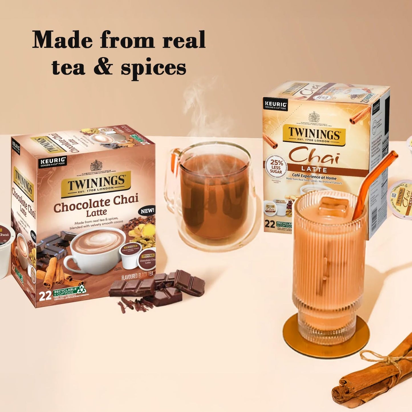 Twinings Chai Latte Variety K-Cup Pods for Keurig, 12 Traditional + 10 Chocolate, Made with Real Black Tea & Spices, Creamy, Slightly Sweet