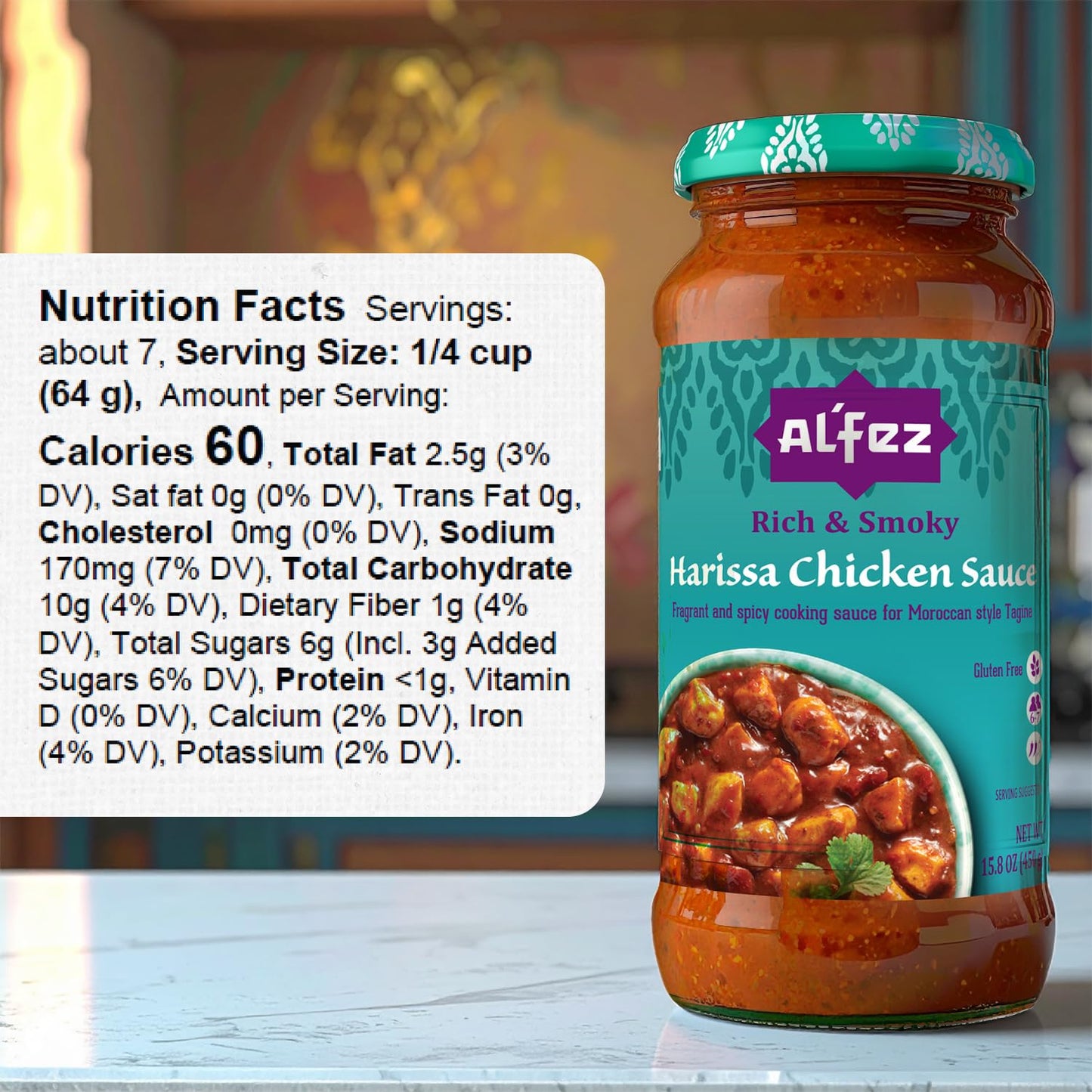 Al’Fez Harissa Chicken Sauce - 15.8 oz (Pack of 3) - Fragrant & Spicy Tomato-Based Cooking Sauce made w/Harissa Paste, Garlic, Red Chilis, Paprika