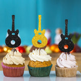24PCS Guitar Cupcake Toppers, Rock Cupcake Topper for Boys, Music Notes Food Picks, Guitar Player Birthday Party Decoration - Black & Gold Glitter