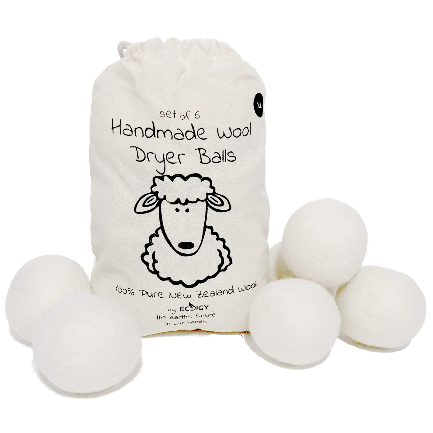 Wool Dryer Balls XL 6-Pack - 100% Pure New Zealand Wool, Ecoigy Natural Fabric Softener, Reduces Wrinkles & Drying Time, Ideal for Essential Oils