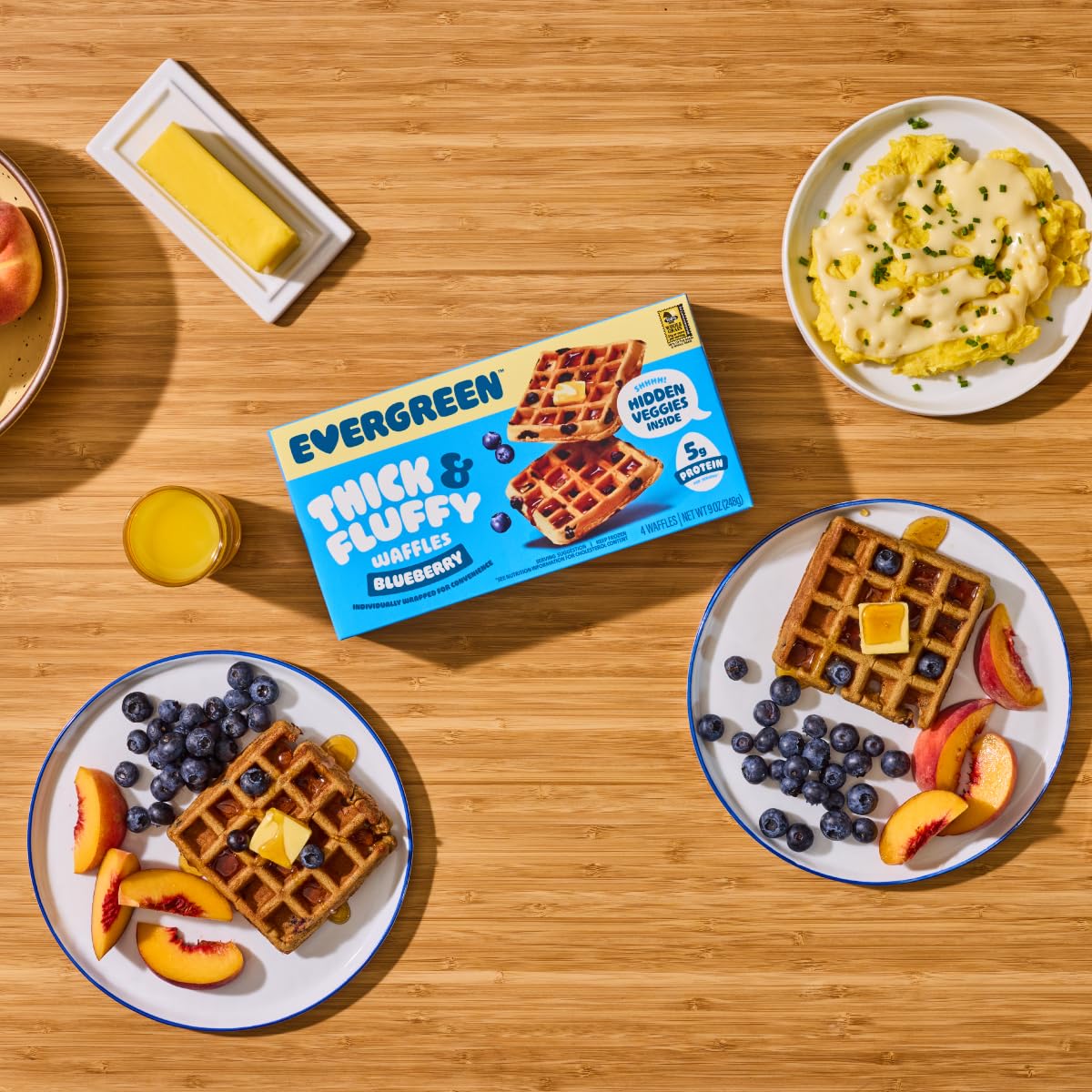 Evergreen Thick & Fluffy Waffles, Blueberry - Whole Grains, No Preservatives, Nut-Free, Individually Wrapped, Air Fryer Ready, Frozen Breakfast, 9 oz