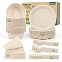 FEHHTO Disposable Paper Plates Set 300PCS Compostable Sugarcane Plates, Bowls, Heavy-duty Utensil, Biodegradable Napkins, Eco-friendly Dinnerware Set