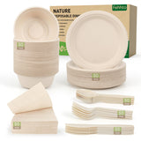 FEHHTO Disposable Paper Plates Set 300PCS Compostable Sugarcane Plates, Bowls, Heavy-duty Utensil, Biodegradable Napkins, Eco-friendly Dinnerware Set
