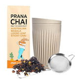 Prana Chai Original Masala Blend 250g + Huskee 12oz Cup with Lid + Stainless Steel Fine Mesh Strainer