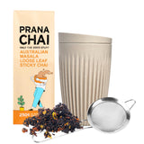 Prana Chai Original Masala Blend 250g + Huskee 12oz Cup with Lid + Stainless Steel Fine Mesh Strainer