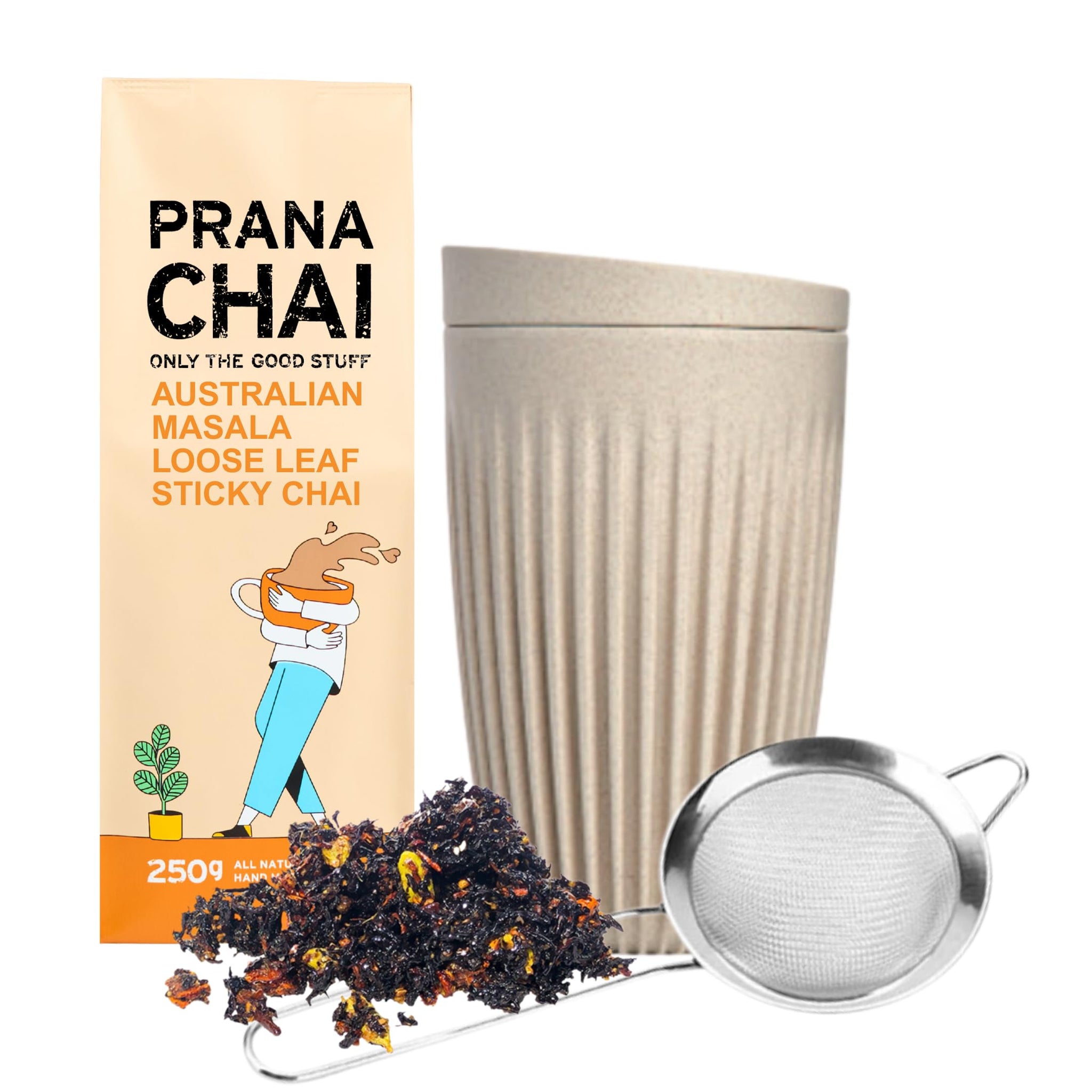 Prana Chai Original Masala Blend 250g + Huskee 12oz Cup with Lid + Stainless Steel Fine Mesh Strainer