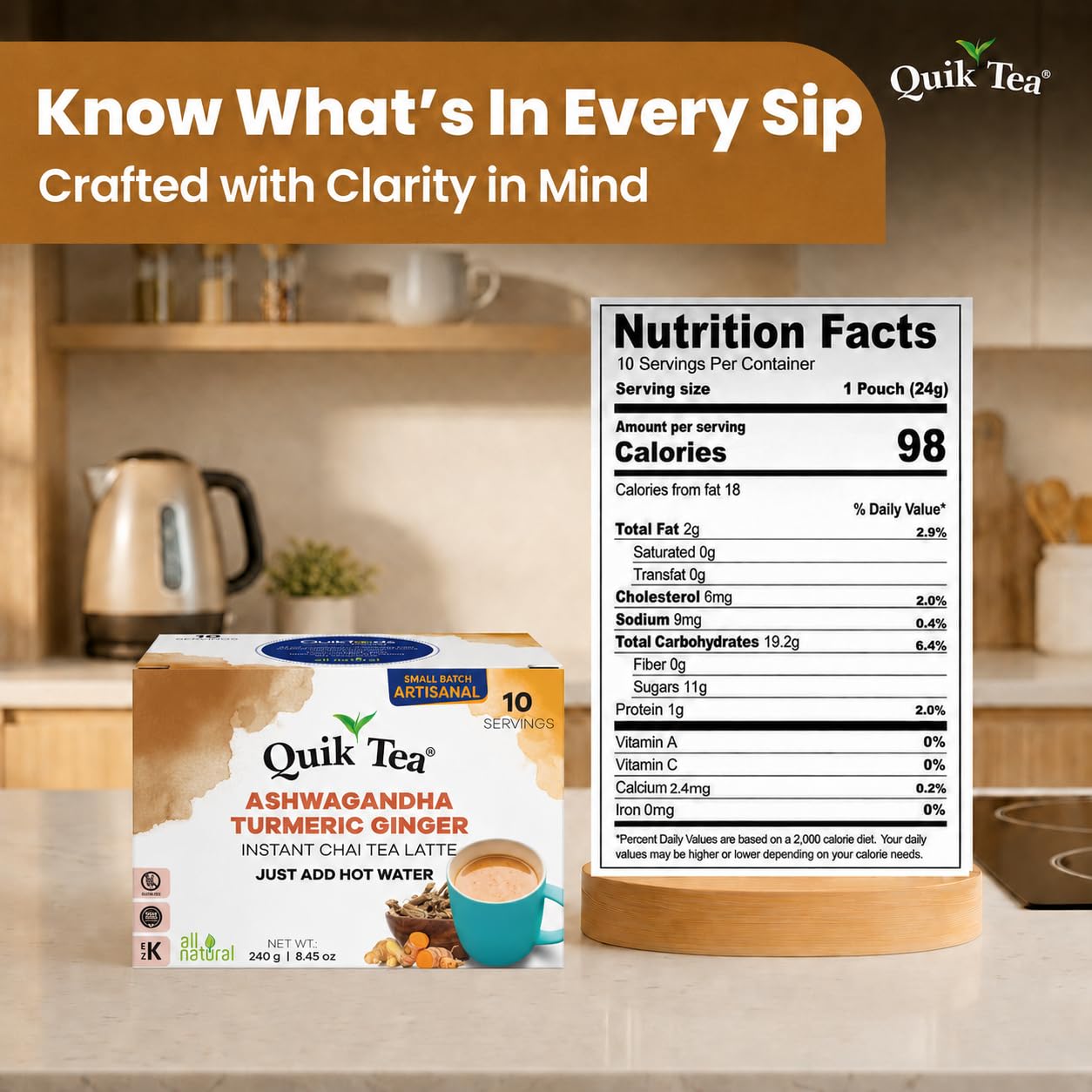 QuikTea Instant Ashwagandha Turmeric Ginger Chai Tea Latte, 10 Single-Serve Sachets, Artisanal Indian Chai Latte Mix, Just Add Hot Water, Low