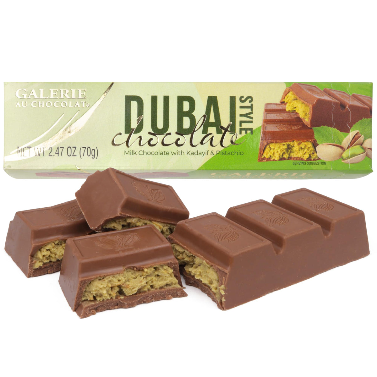 Dubai Chocolate Bar, Milk Chocolate with Pistachio and Kadayif Filling, Gourmet Candy Gift, 2.47 Ounces