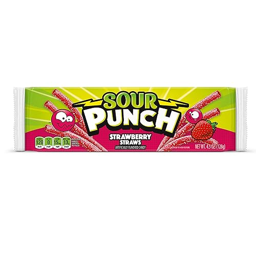 Sour Punch Straws, Sweet & Sour Strawberry Fruit Flavor, Chewy Candy, 4.5oz Tray (12 Pack)