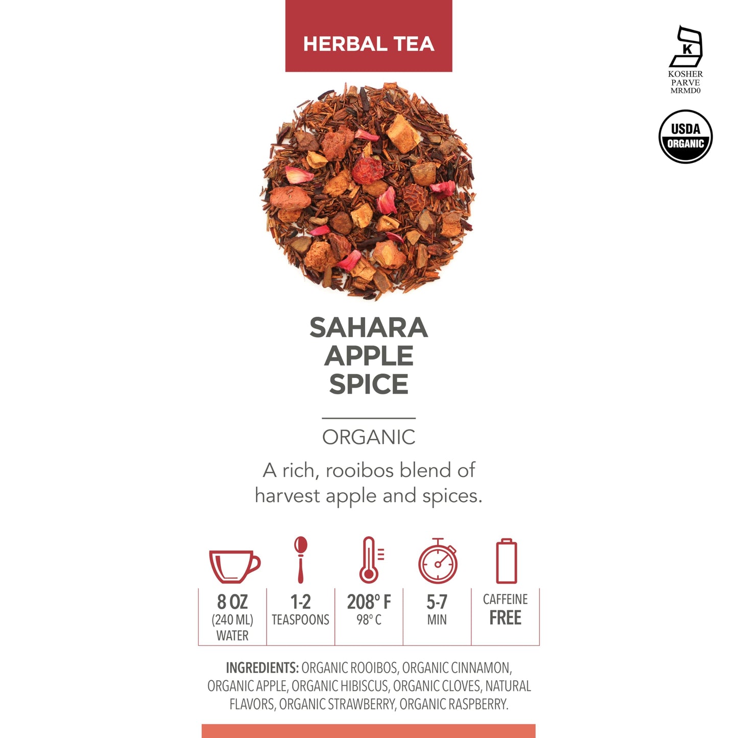 Teabloom Organic Herbal Tea, Sahara Apple Spice Loose Leaf Tea, Warm and Sweet Rooibos with No-Caffeine, Certified Organic, Fresh Whole Leaf Blend in