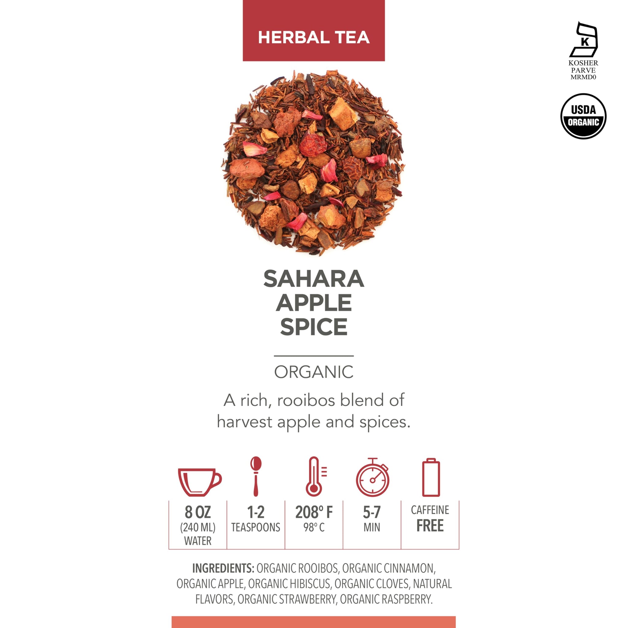 Teabloom Organic Herbal Tea, Sahara Apple Spice Loose Leaf Tea, Warm and Sweet Rooibos with No-Caffeine, Certified Organic, Fresh Whole Leaf Blend in
