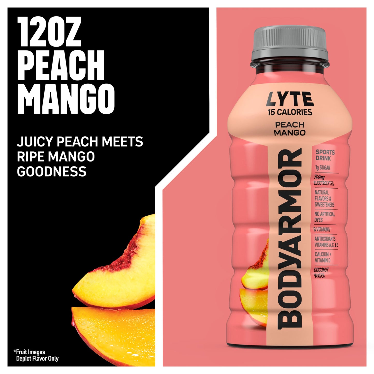 BODYARMOR LYTE, Peach Mango, Electrolyte Drink, 15 Calories, 12 Fl Oz Bottles (8 Pack), Coconut Water Sports Drink, Natural Flavor & B Vitamins