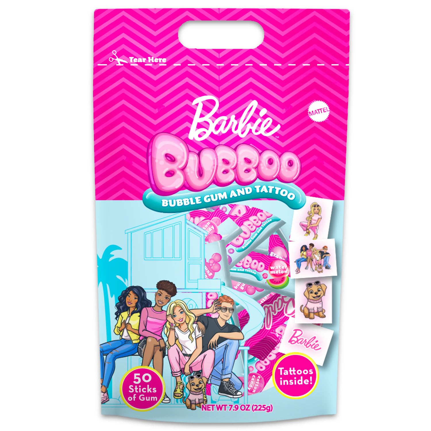 Barbie Bubble Gum and Temporary Tattoos Set - Bubboo Set with 50 Pieces of Bubblegum in 5 Flavors and 50 Temporary Tattoos for Girls, Kids | Barbie