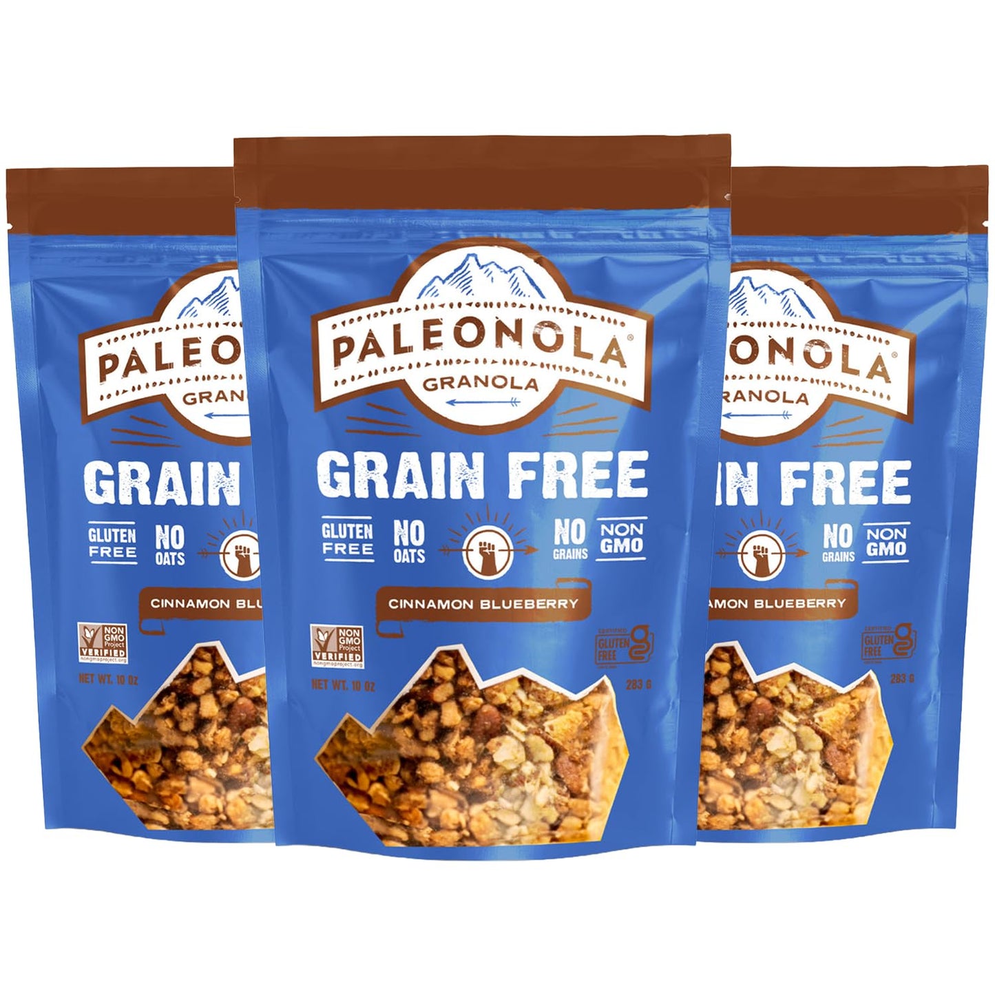 Paleonola Cinnamon Blueberry Grain Free Granola, 10 Oz Resealable Bag (Pack of 3) - Grainless Paleo Granola Blended w/Dried Coconut & Blueberries