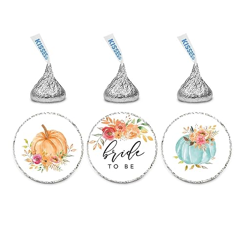 Andaz Press Autumn Fall Watercolor Wedding Party Collection, Chocolate Drop Label Stickers Trio, Bride to Be, Autumn Floral Bouquet and Pumpkin