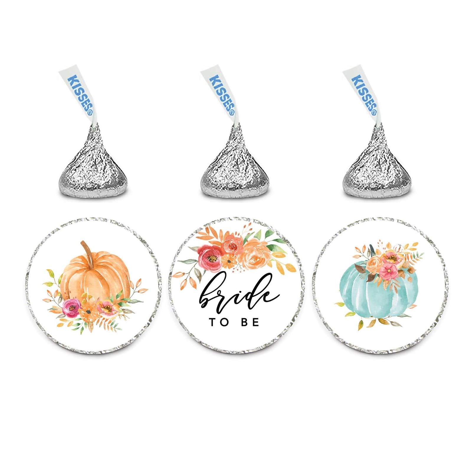 Andaz Press Autumn Fall Watercolor Wedding Party Collection, Chocolate Drop Label Stickers Trio, Bride to Be, Autumn Floral Bouquet and Pumpkin