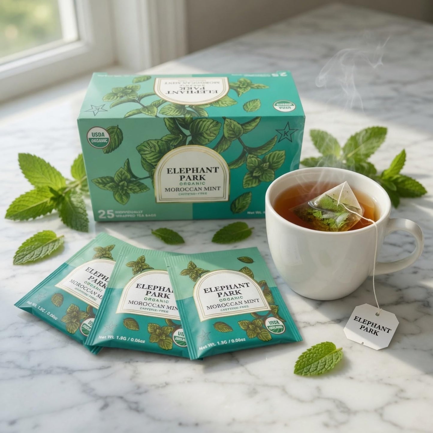 Elephant Park USDA Organic Moroccan Mint Tea, 25 Individually Wrapped Mint Tea Bags, Caffeine Free Peppermint Spearmint Herbal Blend, Hot Or Iced
