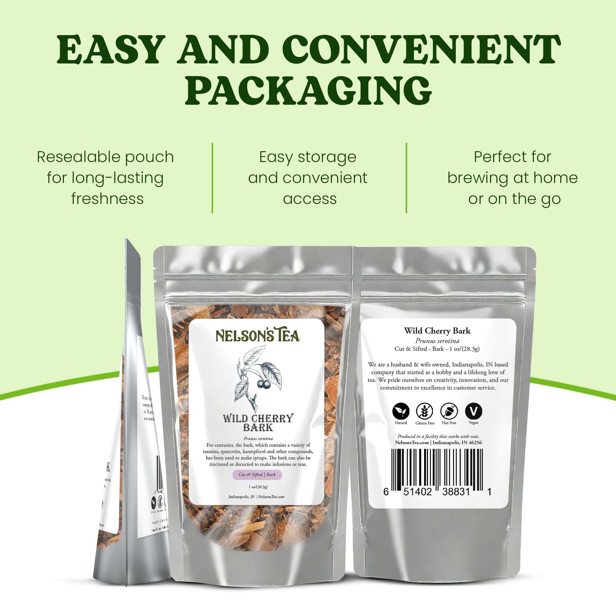 Nelson's Tea - Wild Cherry Bark Cut & Sifted, Cherry Flavor Burdock Root Tea, Plant Based, Vegan, Vegetarian, Caffeine Free, Herbal Tea for Infusions