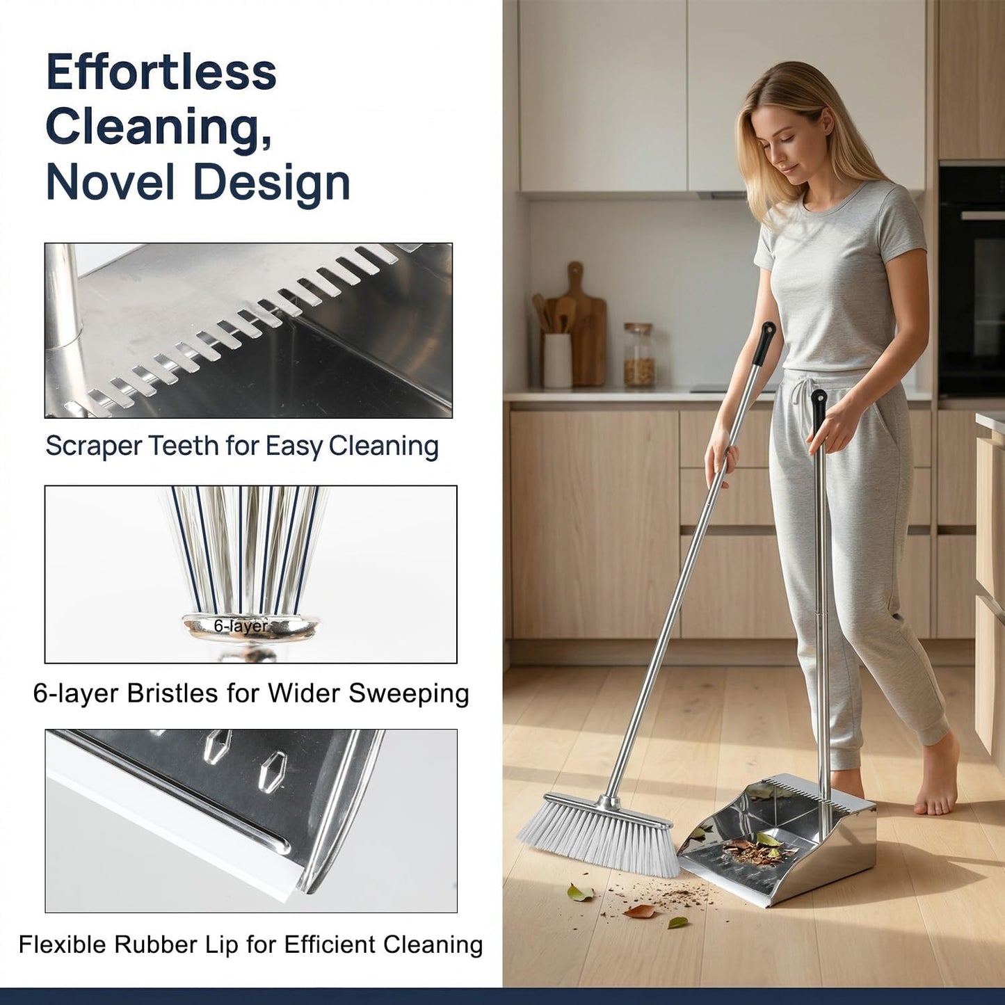GLOHOO Indoor Soft Bristles Broom and Dustpan Angle Sweeping Dustpan and Broom with Long Handle for Kitchen Hardwood Floor Cleaning