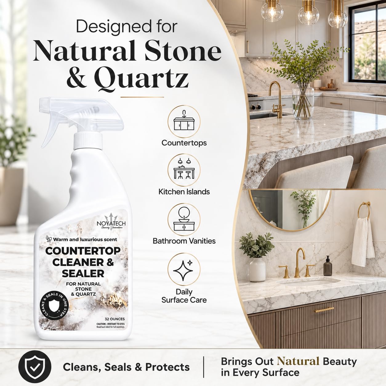 NOYATECH Countertop Cleaner & Sealer - Streak-Free Spray for Granite, Marble & Quartz | Cleans & Protects in One Step | USDA BioBased, Non-Toxic, No