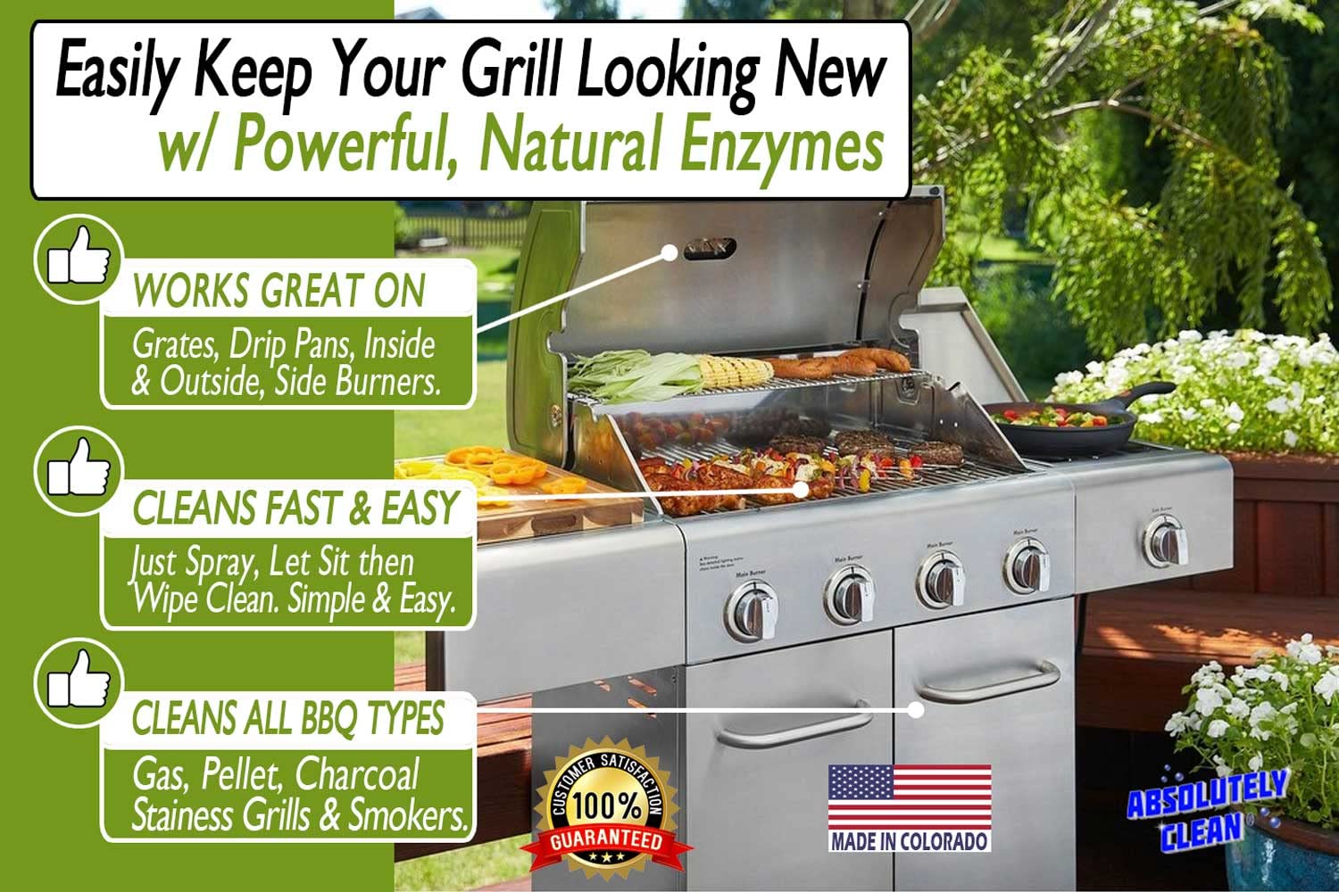 Absolutely Clean IT JUST WORKS GREAT as Grill Cleaner Spray! - Professional Strength, Natural Enzyme Formula - Fast Acting, Fume Free - USA Made (16oz