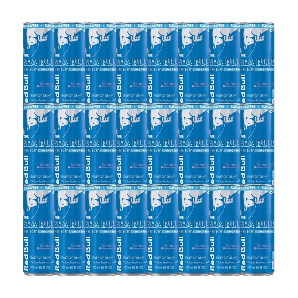 [24 Pack] Sea Blue Edition Sugar Free Juneberry Energy Drink 12 oz with Candy - Sugar Free Energy Drink - Sparkling Water, Zero Soda, Caffeine Boost