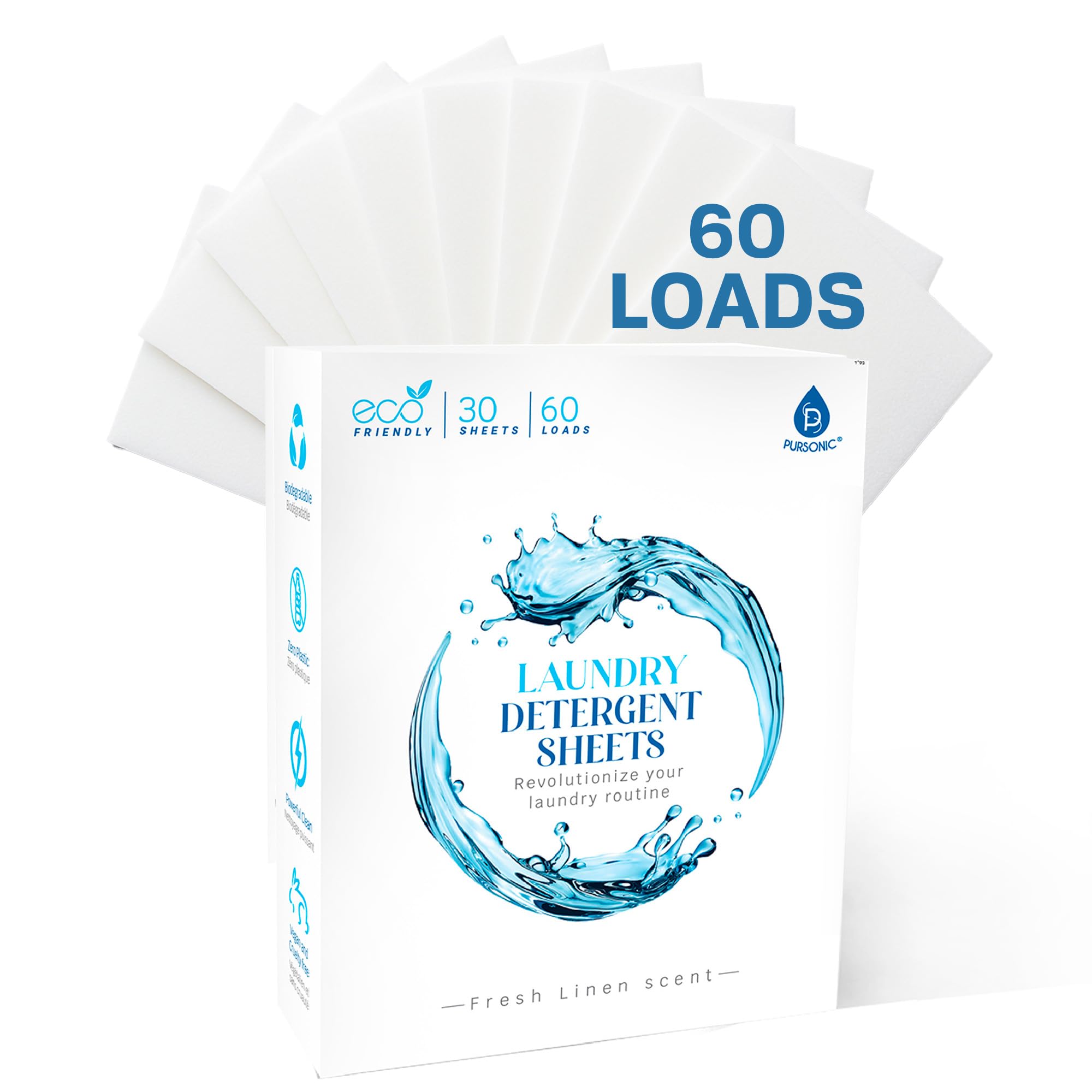 Pursonic Eco Laundry Detergent Sheets - 30 Sheet (60 Loads) Natural Zero Plastic Laundry Sheets with Powerful Cleaning Power - Travel Essentials