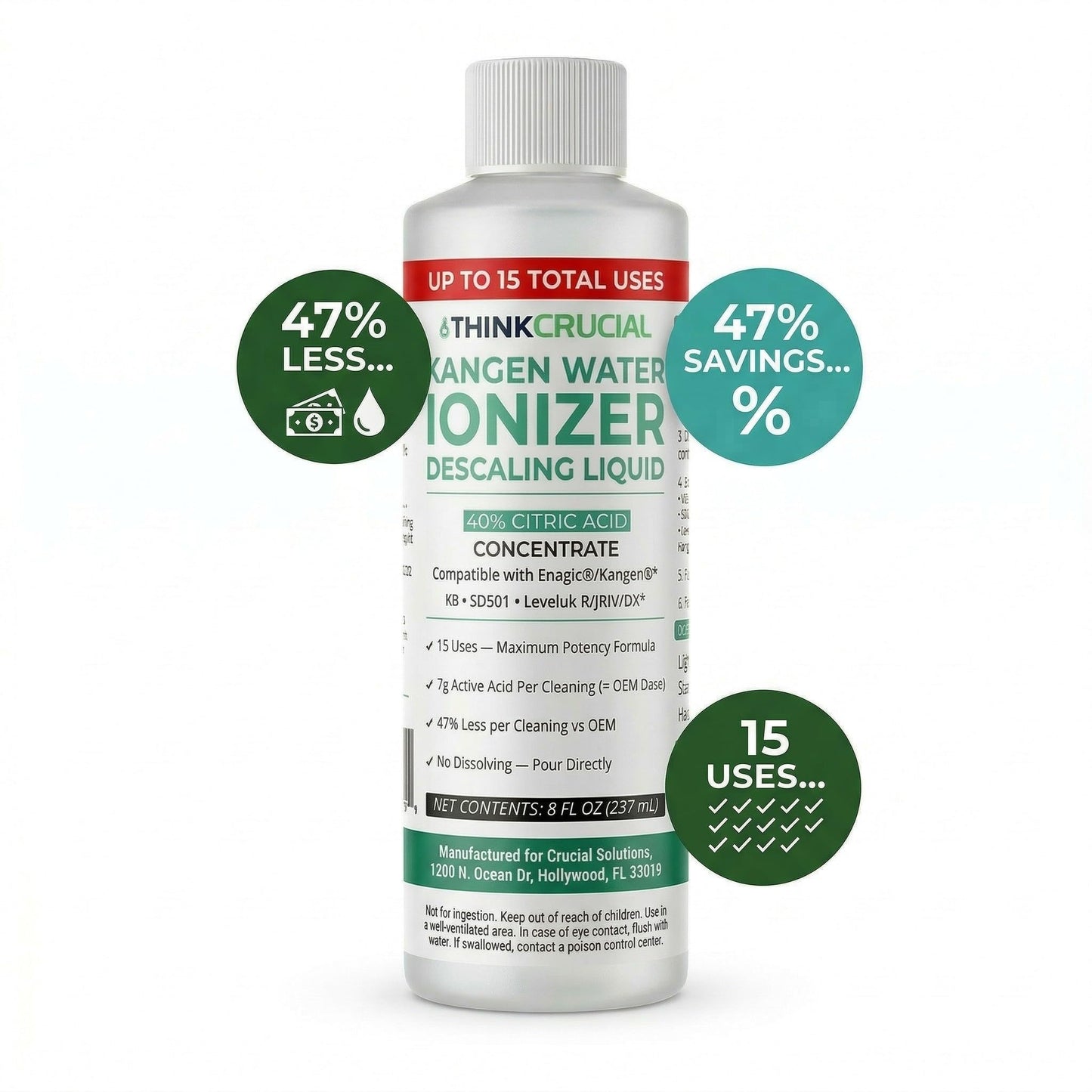 Think Crucial Water Ionizer Descaling Liquid - 40% Citric Acid, 15 Uses - Compatible with Enagic's Ionization Machines, K8, SD501, Leveluk - No