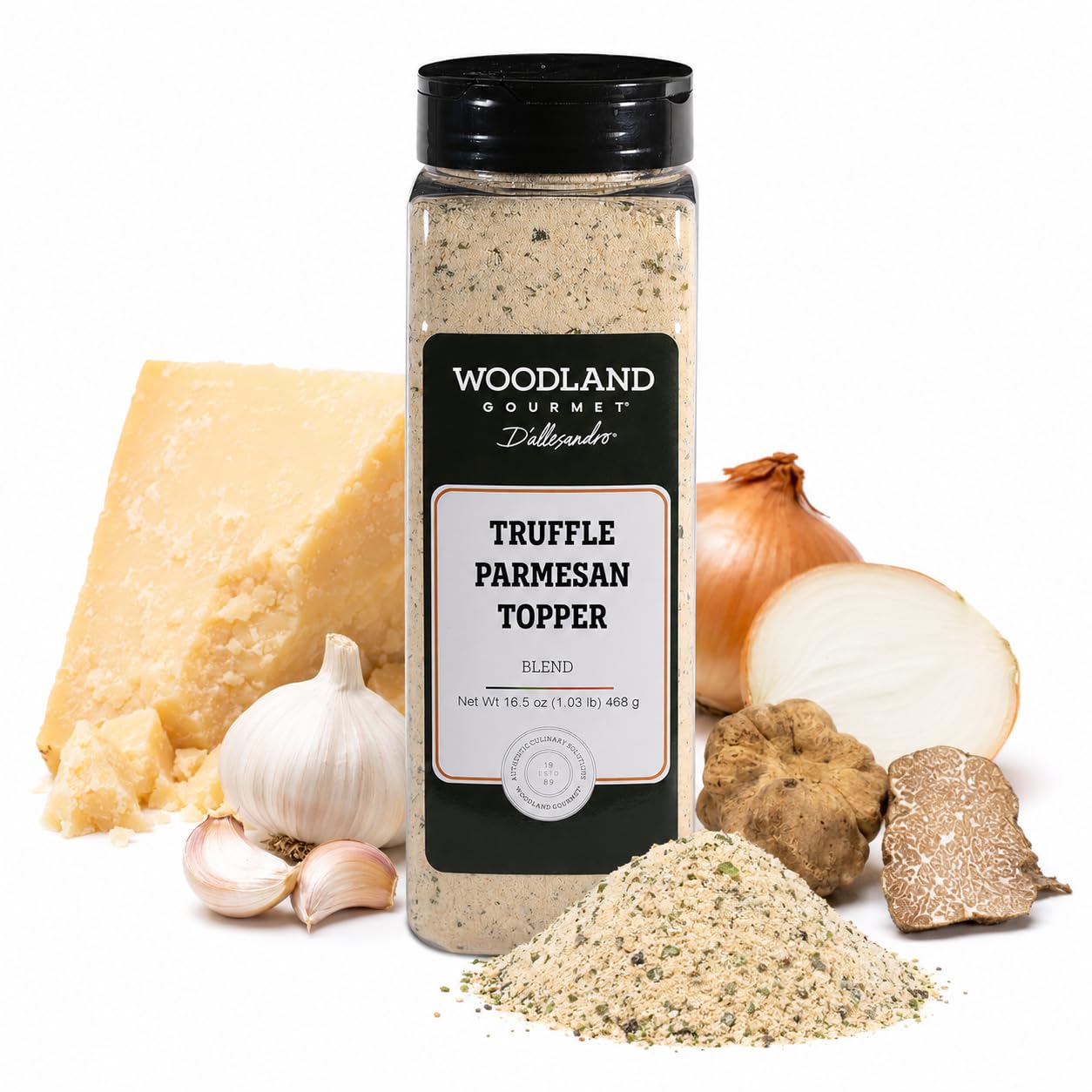 Truffle Umami Parmesan Seasoning, 16.5 oz - Gourmet Parmesan Cheese & Truffle Blend with Garlic & Onion, Savory Finishing Topper, by Woodland Gourmet