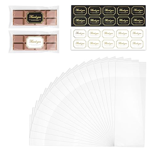 Qiuruoo 200 Pcs Chocolate Bar Wrappers with 200 Pcs gold foil Thank You Stickers - 3.2 x 4.5 Inch Candy Bar Wrappers - Self Adhesive Small Plastic Wax