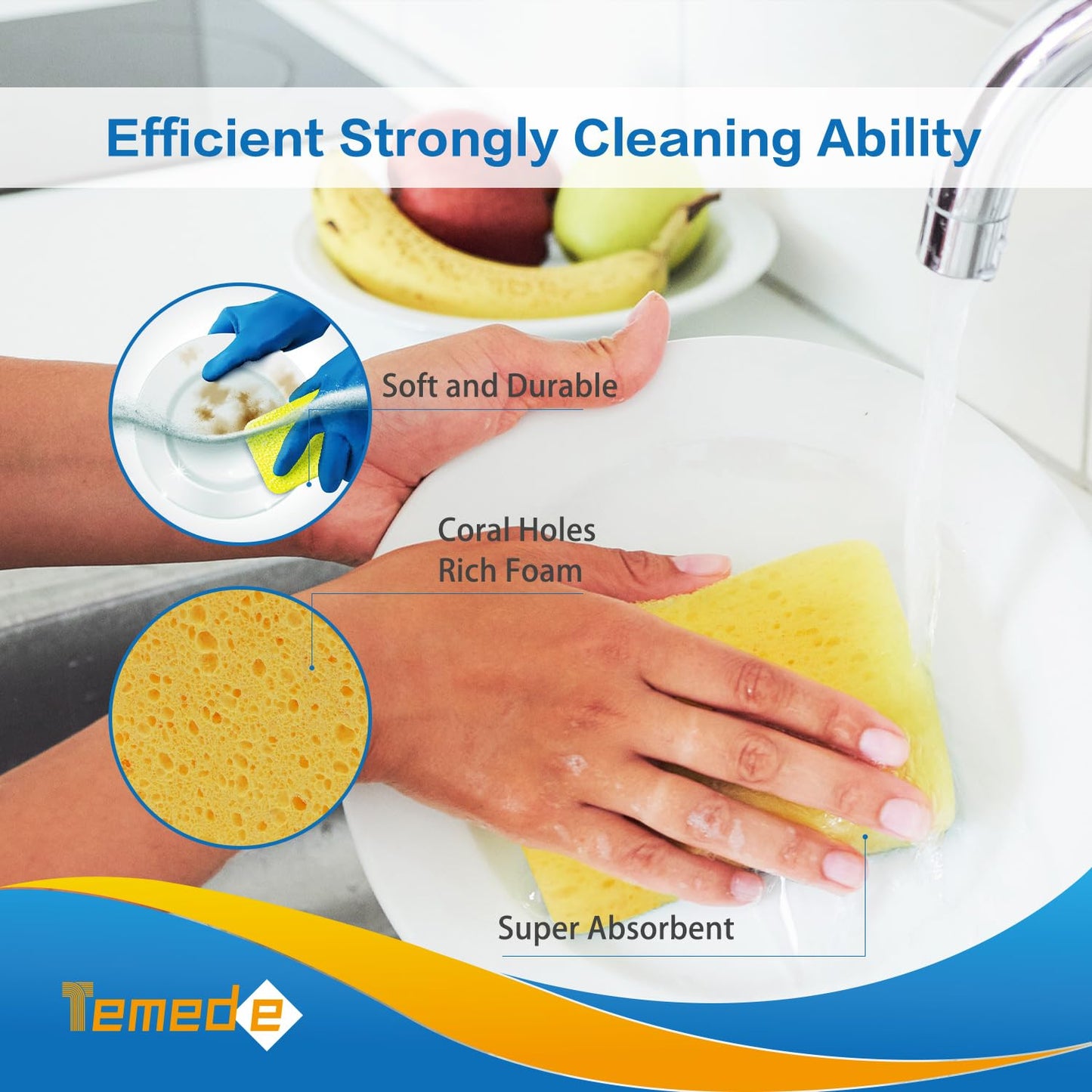 Temede Large Cellulose Sponges, Kitchen Sponges for Dish, Thick Heavy Duty Scrub Sponges, Non-Scratch Scrubber for Household, Cookware, Bathroom