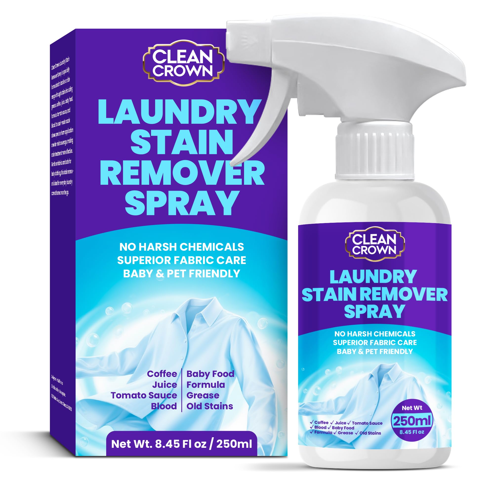 CleanCrown Laundry Stain Remover Spray (8.45 Fl oz), Spray and Wash Stain Remover for Clothes, Effective on Grease, Coffee, Juice, Baby Food, Formula