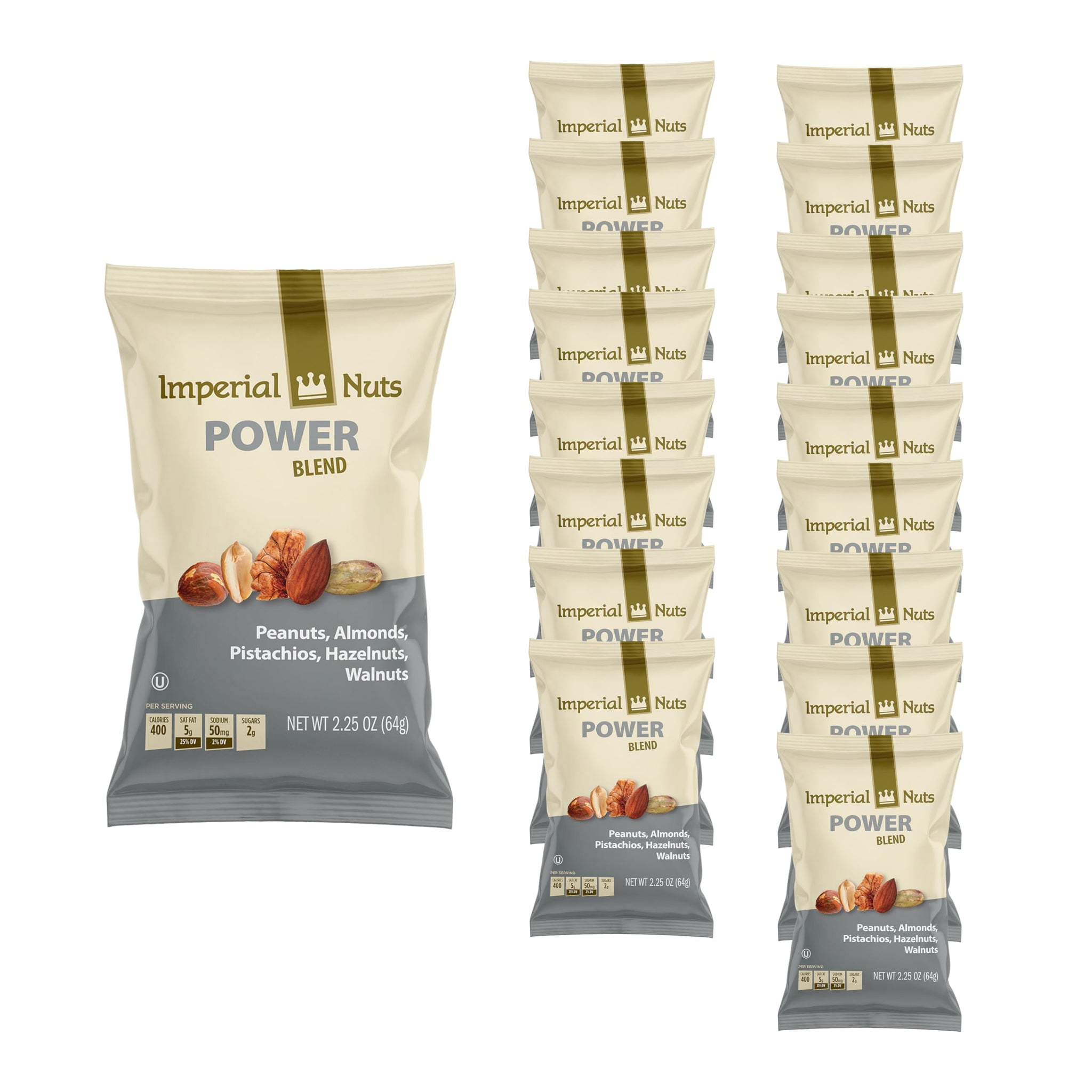 Imperial Nuts - Power Blend (18 Pack x 2.25 oz) Peanuts, Almonds, Pistachios, Hazelnuts & Walnuts Mixed Nuts Snack Packs for Kids & Adults | Protein