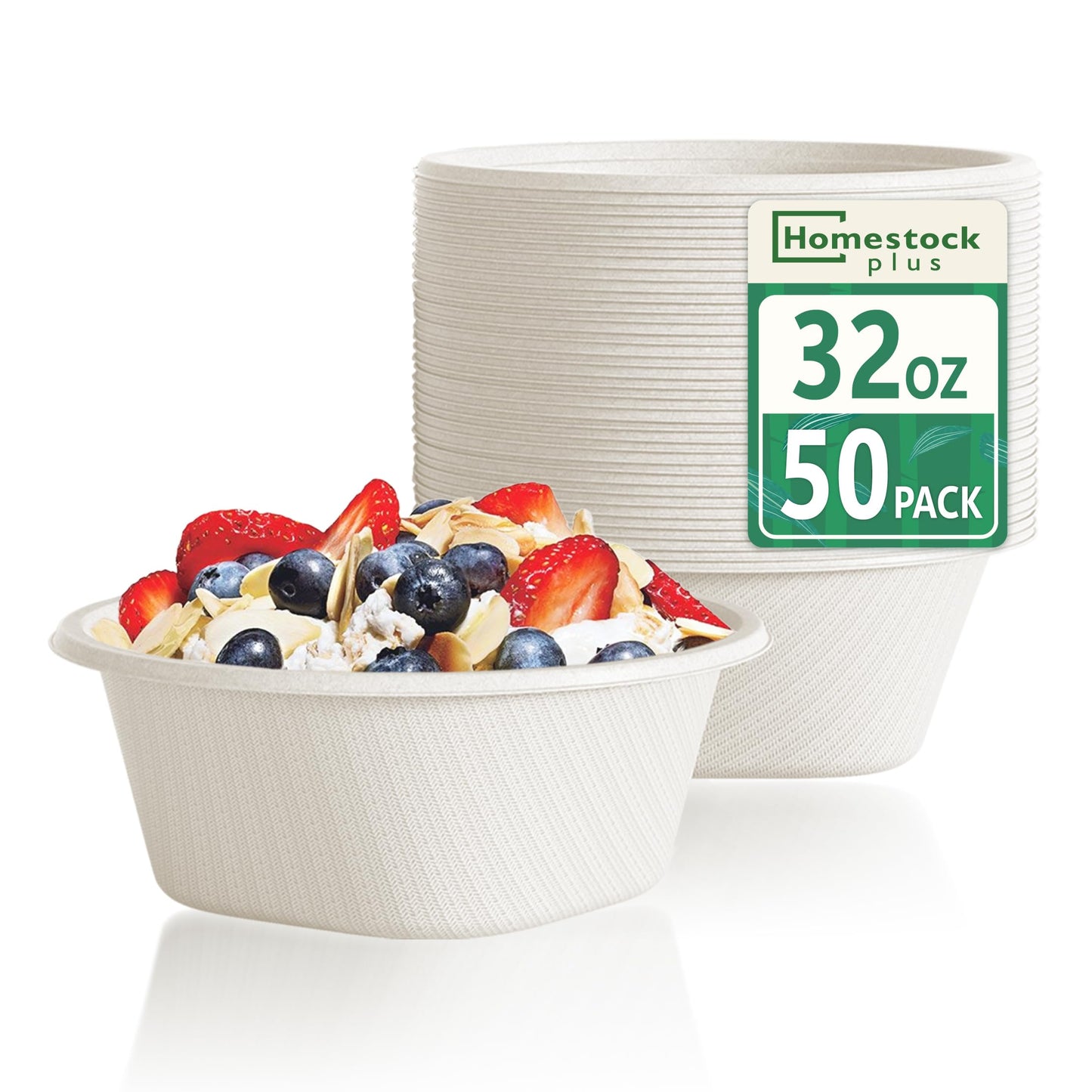 Homestockplus Disposable Soup Bowls 32 Oz [50 Pack] - Heavy Duty Deep Paper Bowls, Leakproof Compostable Containers for Ramen, Chili & Catering
