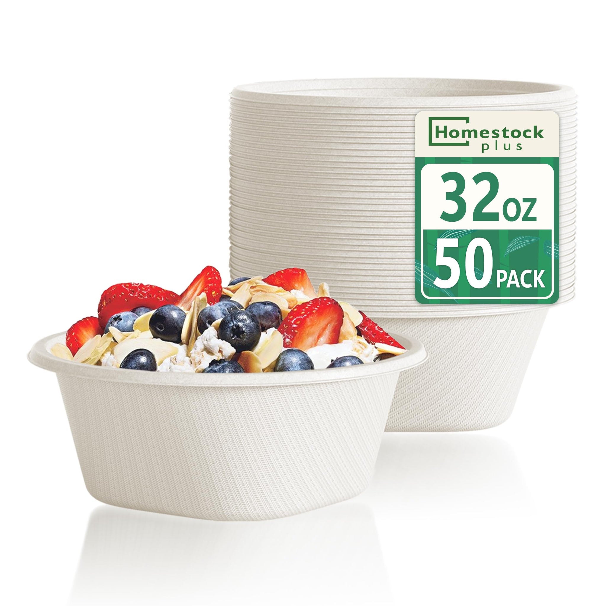 Homestockplus Disposable Soup Bowls 32 Oz [50 Pack] - Heavy Duty Deep Paper Bowls, Leakproof Compostable Containers for Ramen, Chili & Catering