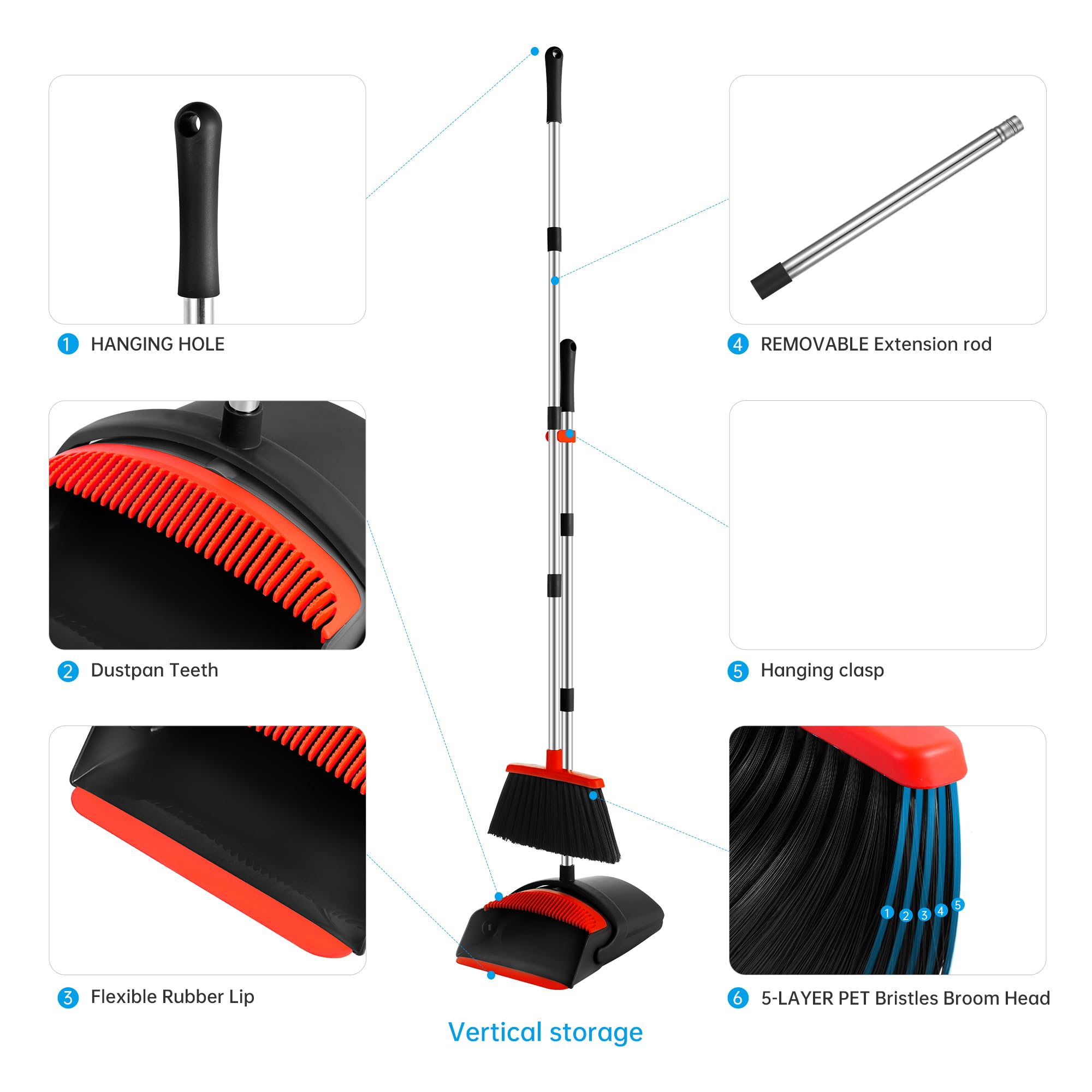 BSKLIN Broom and Dustpan Set for Home, 52" Long Handle Standing Broom Set with Dustpan Self-Cleaning Teeth for Hair Removal Heavy Duty Indoor Outdoor