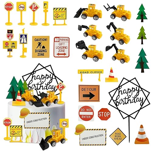 27 PCS Mini Construction Vehicles Cake Decoration Set Truck Road Sign Cake Toppers Construction Birthday Party Supplies