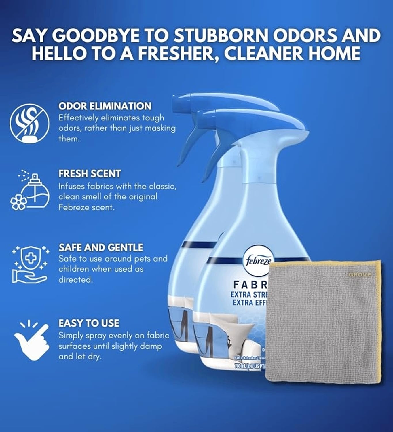 Fabric Refresher Spray 23.6 oz Bundle with Microfiber Cloth - Fabric Freshener Spray for Sofas, Curtains, and Hard-to-Wash Fabrics - Eliminates Odors