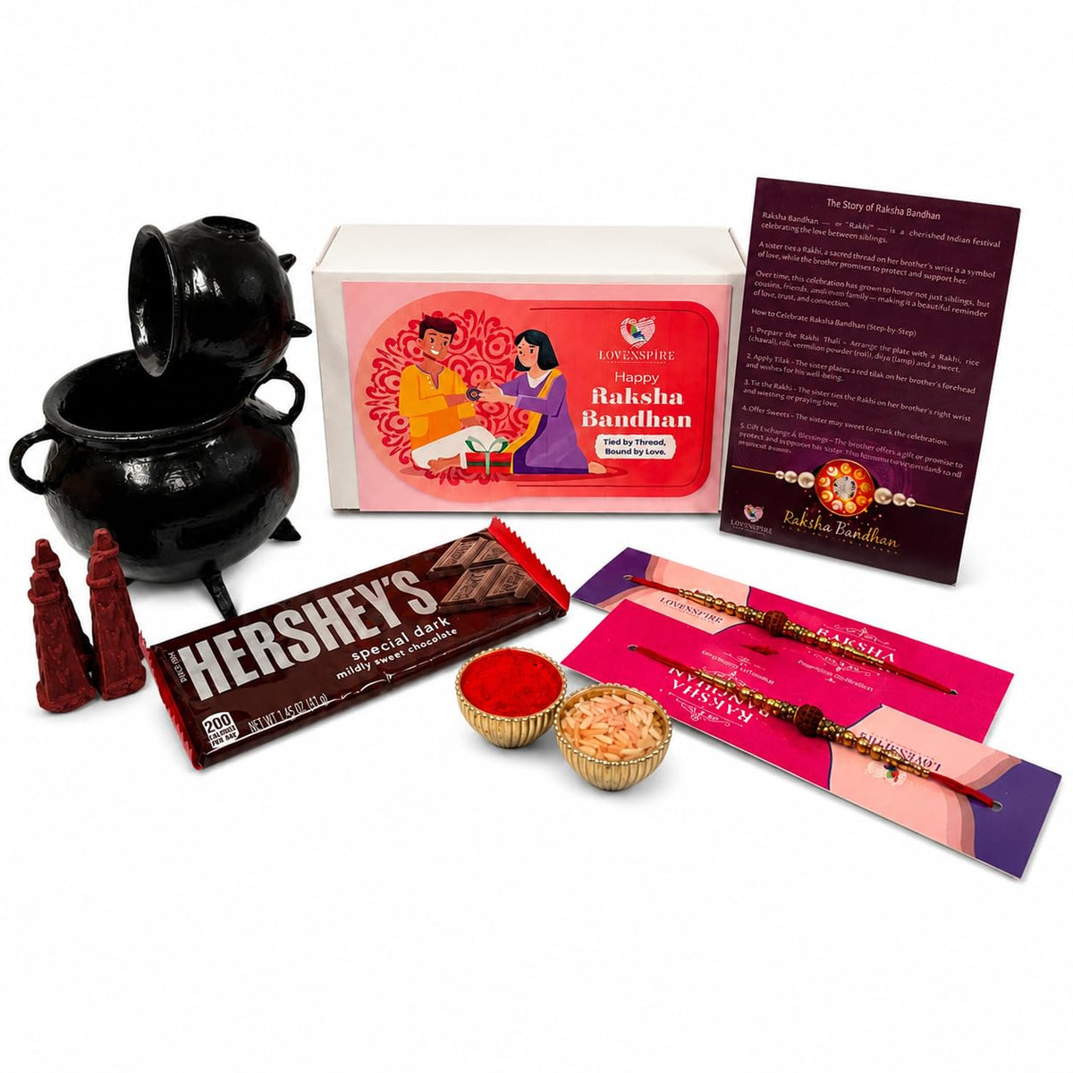 LOVENSPIRE Raksha Bandhan Gift Hamper for Brother & Bhabhi - Includes 2 Rudraksha Rakhi Bracelets, Dhoop Burner, Dhoop Sticks, Chocolates, Roli Chawal